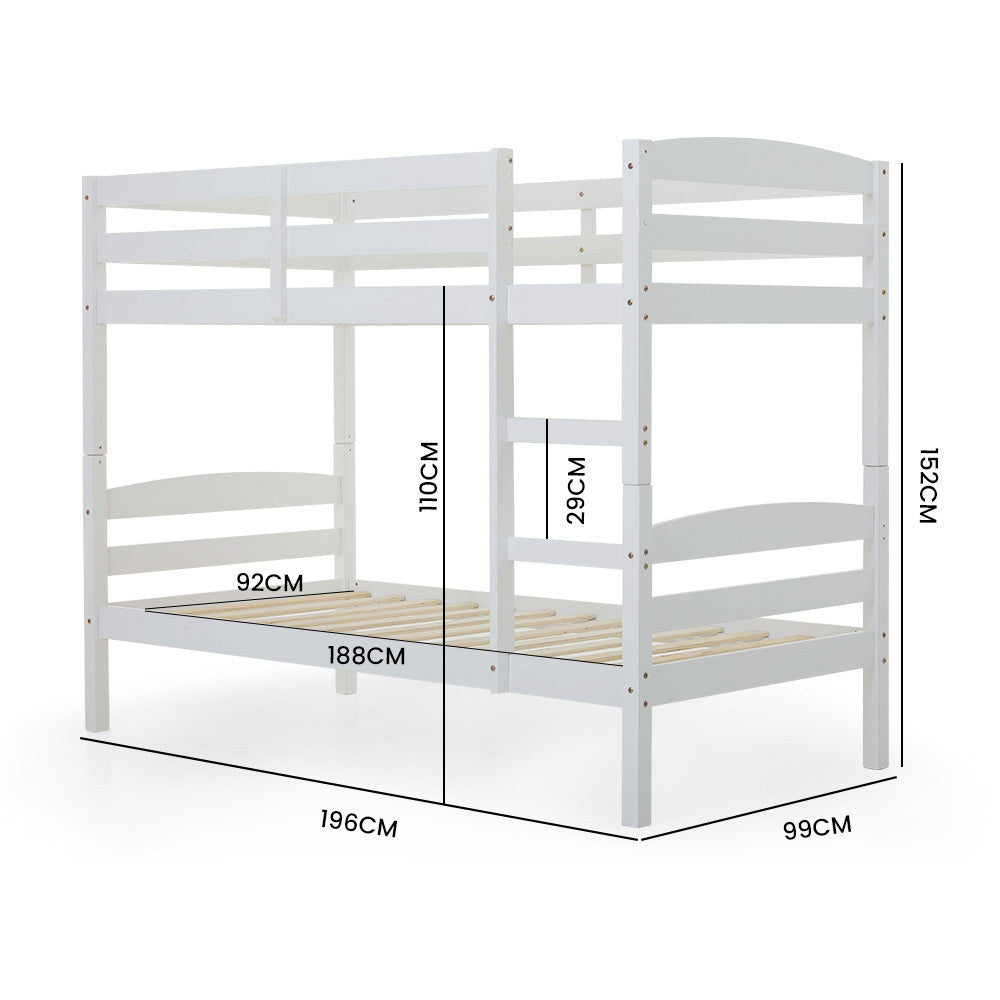 KINGSTON SLUMBER Single Bunk Bed Frame, Solid Pine 2-in-1 Modular Design, White - TRENDZ