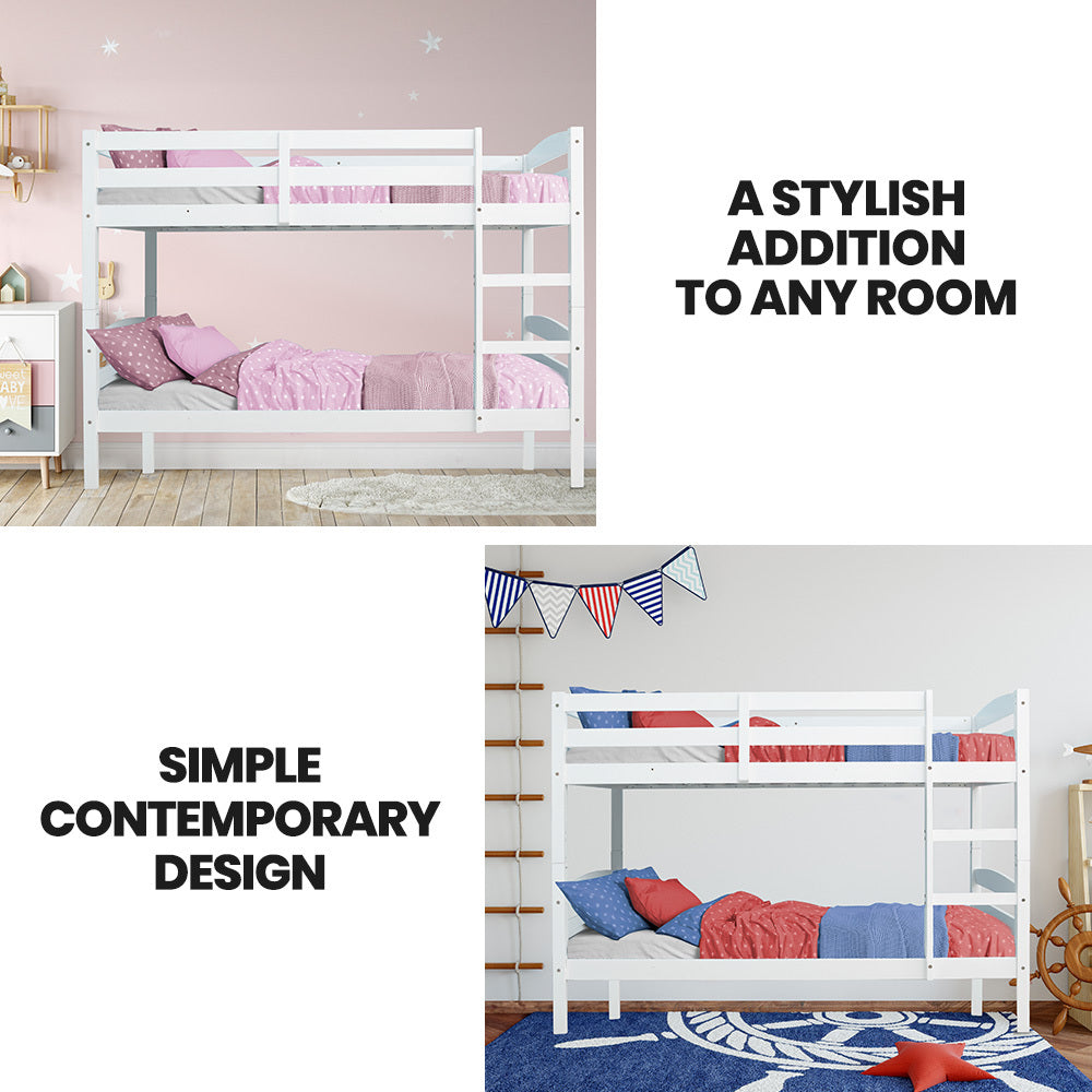 KINGSTON SLUMBER Single Bunk Bed Frame, Solid Pine 2-in-1 Modular Design, White - TRENDZ