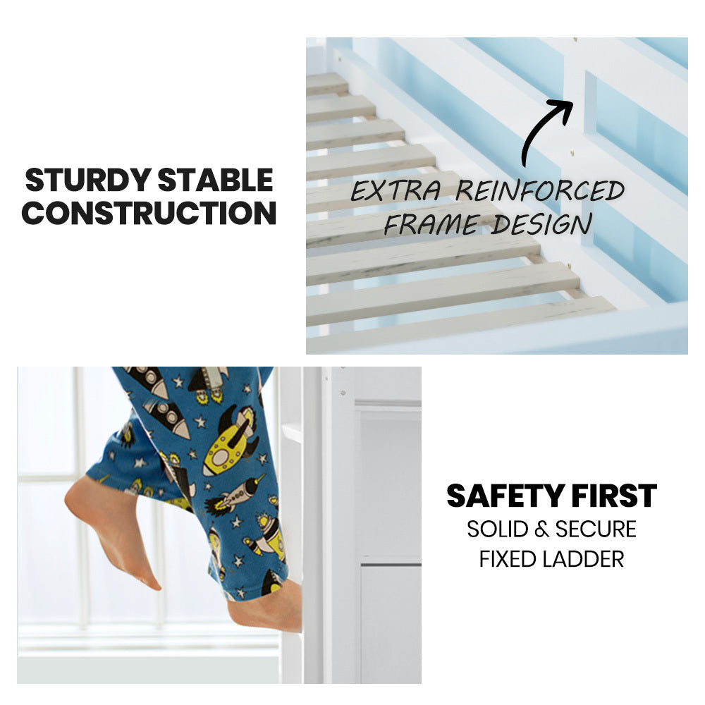 KINGSTON SLUMBER Single Bunk Bed Frame, Solid Pine 2-in-1 Modular Design, White - TRENDZ