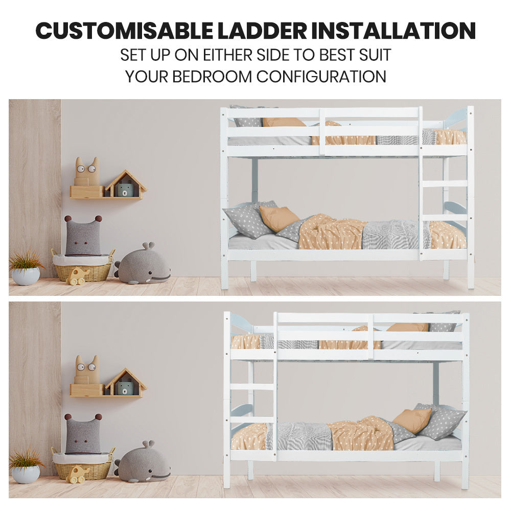 KINGSTON SLUMBER Single Bunk Bed Frame, Solid Pine 2-in-1 Modular Design, White - TRENDZ