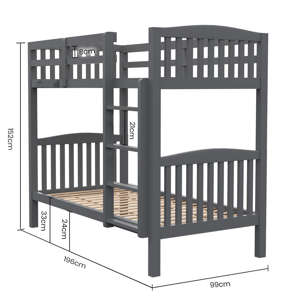 Kingston Slumber Single Bunk Bed Frame Solid Pine Wood Timber, Modular Design, Grey - TRENDZ