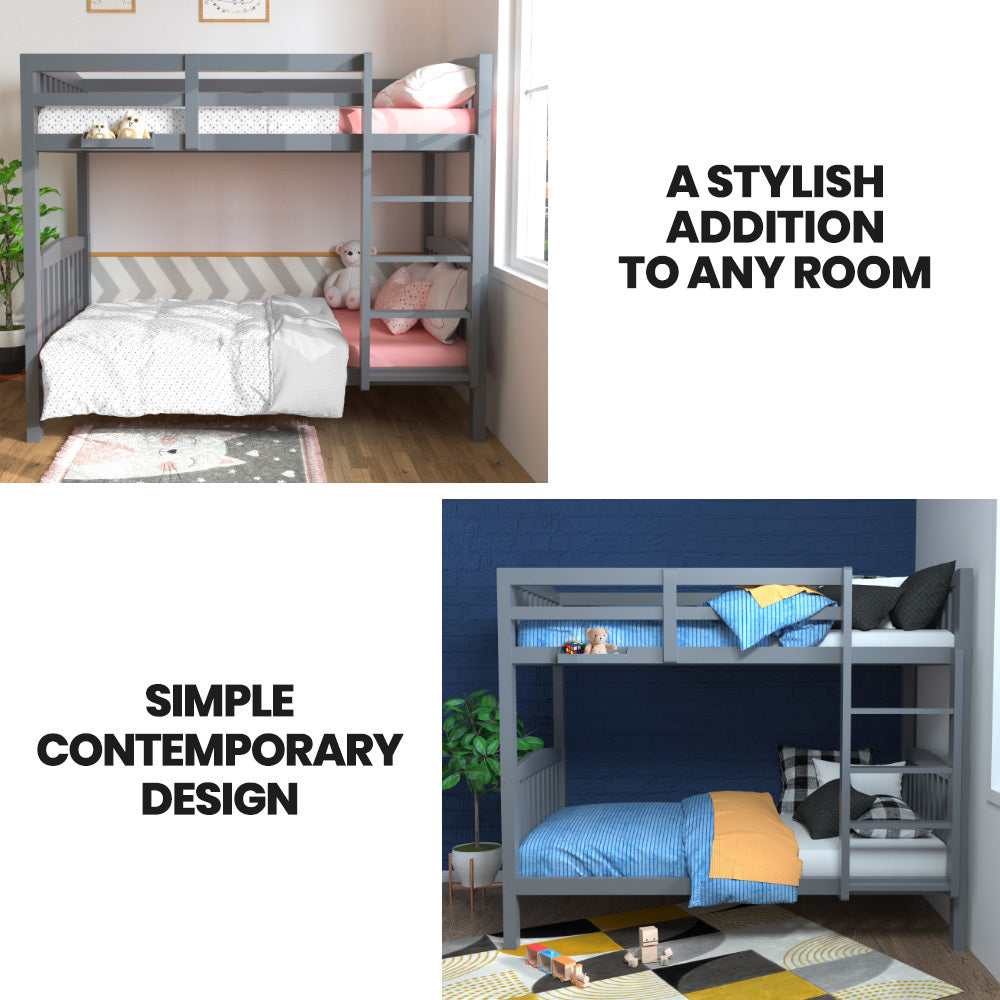 Kingston Slumber Single Bunk Bed Frame Solid Pine Wood Timber, Modular Design, Grey - TRENDZ