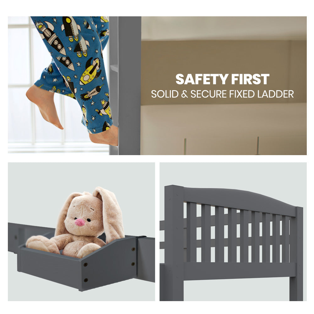 Kingston Slumber Single Bunk Bed Frame Solid Pine Wood Timber, Modular Design, Grey - TRENDZ