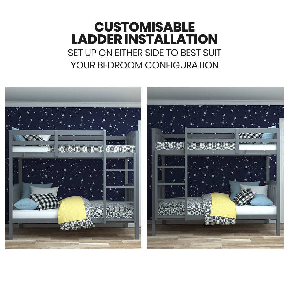 Kingston Slumber Single Bunk Bed Frame Solid Pine Wood Timber, Modular Design, Grey - TRENDZ