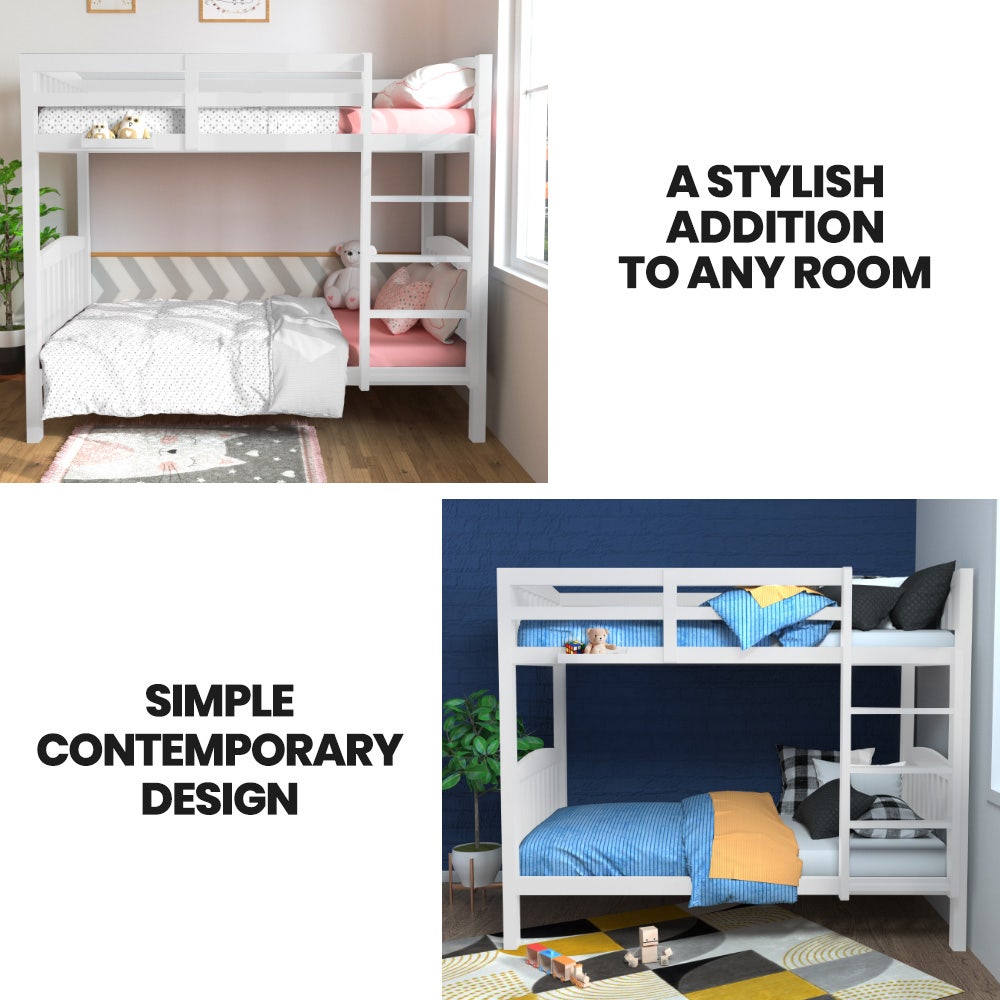 Kingston Slumber Wooden Kids Bunk Bed Frame, with Modular Design that can convert to 2 Single, White - TRENDZ