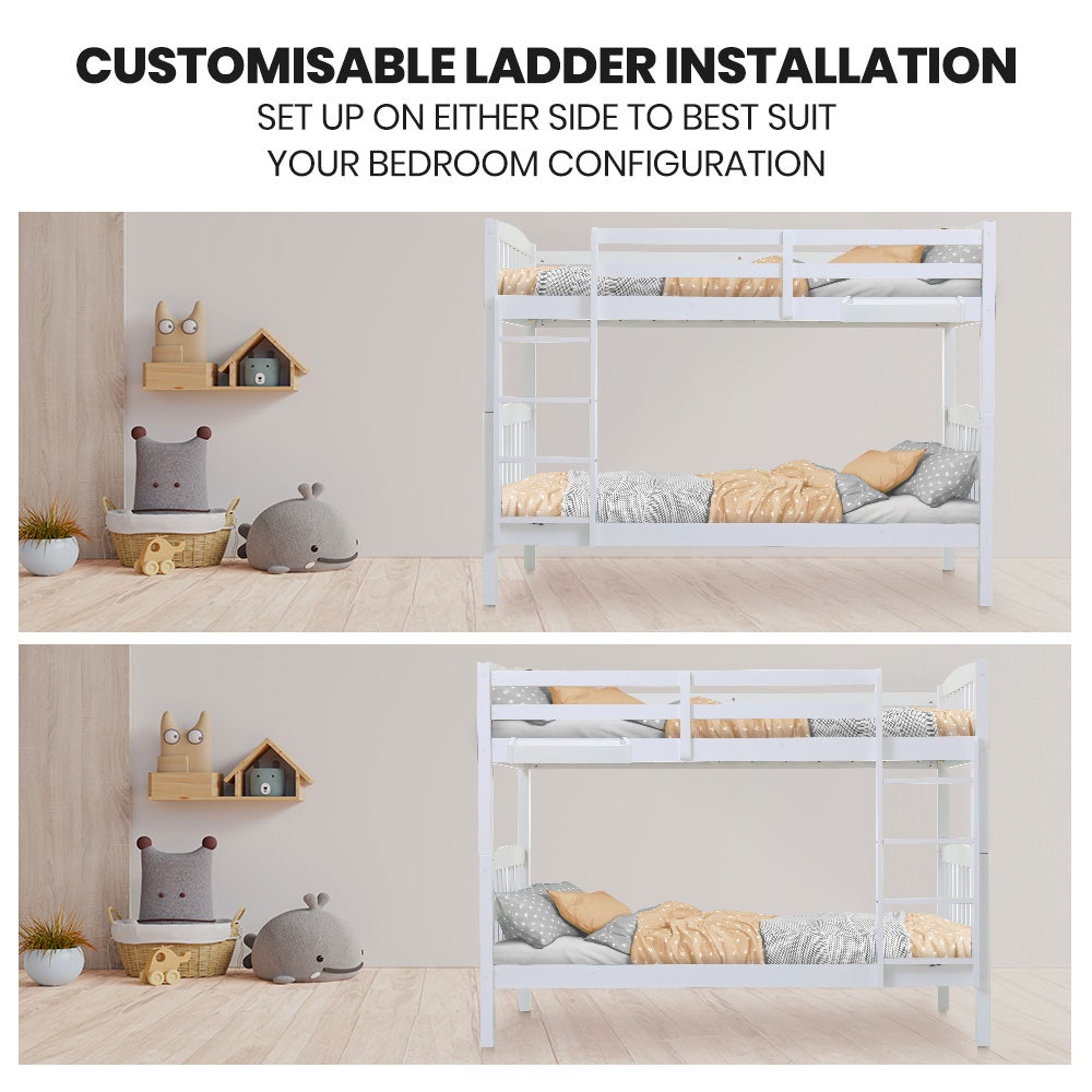 Kingston Slumber Wooden Kids Bunk Bed Frame, with Modular Design that can convert to 2 Single, White - TRENDZ