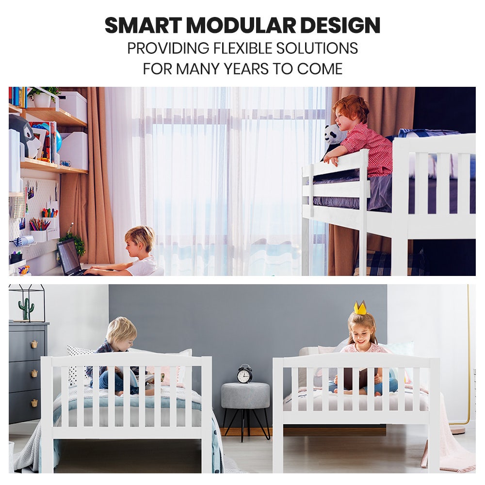 Kingston Slumber Wooden Kids Bunk Bed Frame, with Modular Design that can convert to 2 Single, White - TRENDZ