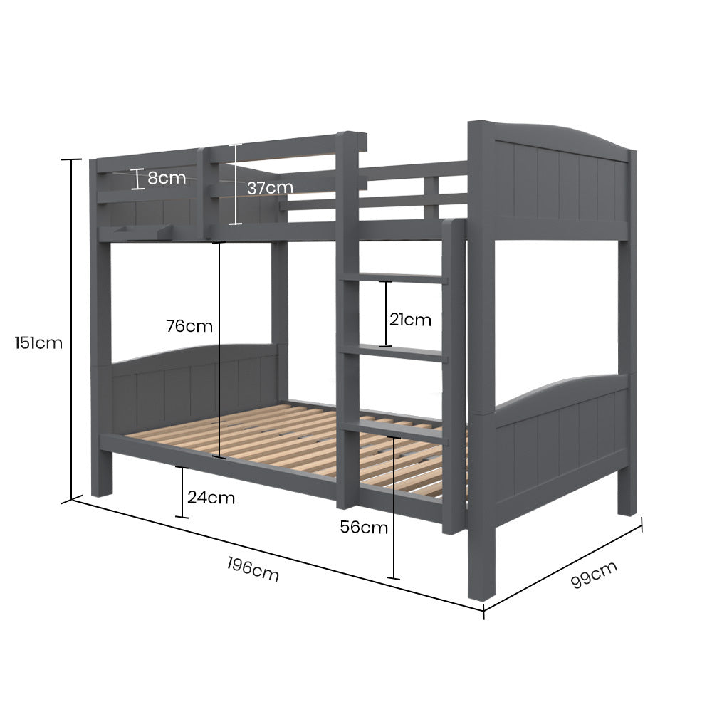 KINGSTON SLUMBER Single Bunk Bed Frame, Solid Pine 2-in-1 Modular Design Convert to 2 Single Beds, Grey - TRENDZ