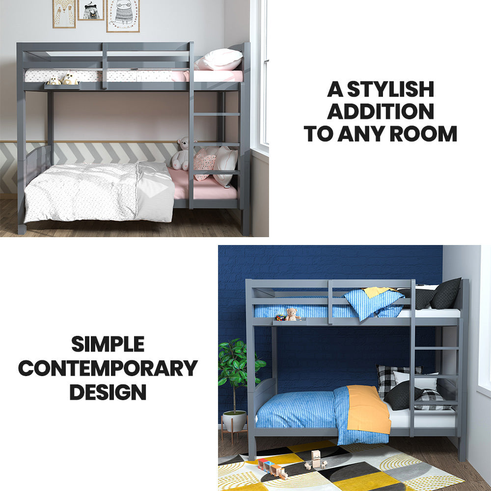 KINGSTON SLUMBER Single Bunk Bed Frame, Solid Pine 2-in-1 Modular Design Convert to 2 Single Beds, Grey - TRENDZ