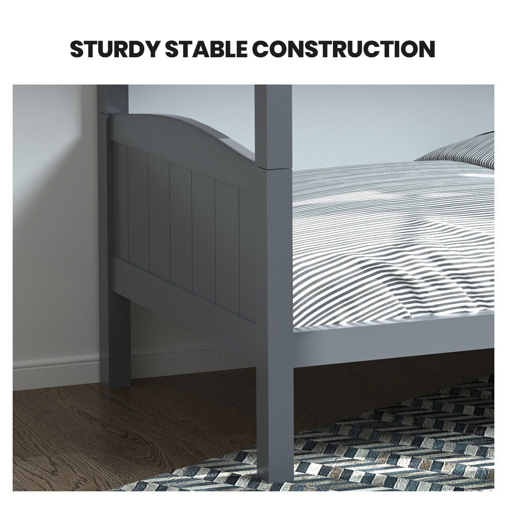 KINGSTON SLUMBER Single Bunk Bed Frame, Solid Pine 2-in-1 Modular Design Convert to 2 Single Beds, Grey - TRENDZ