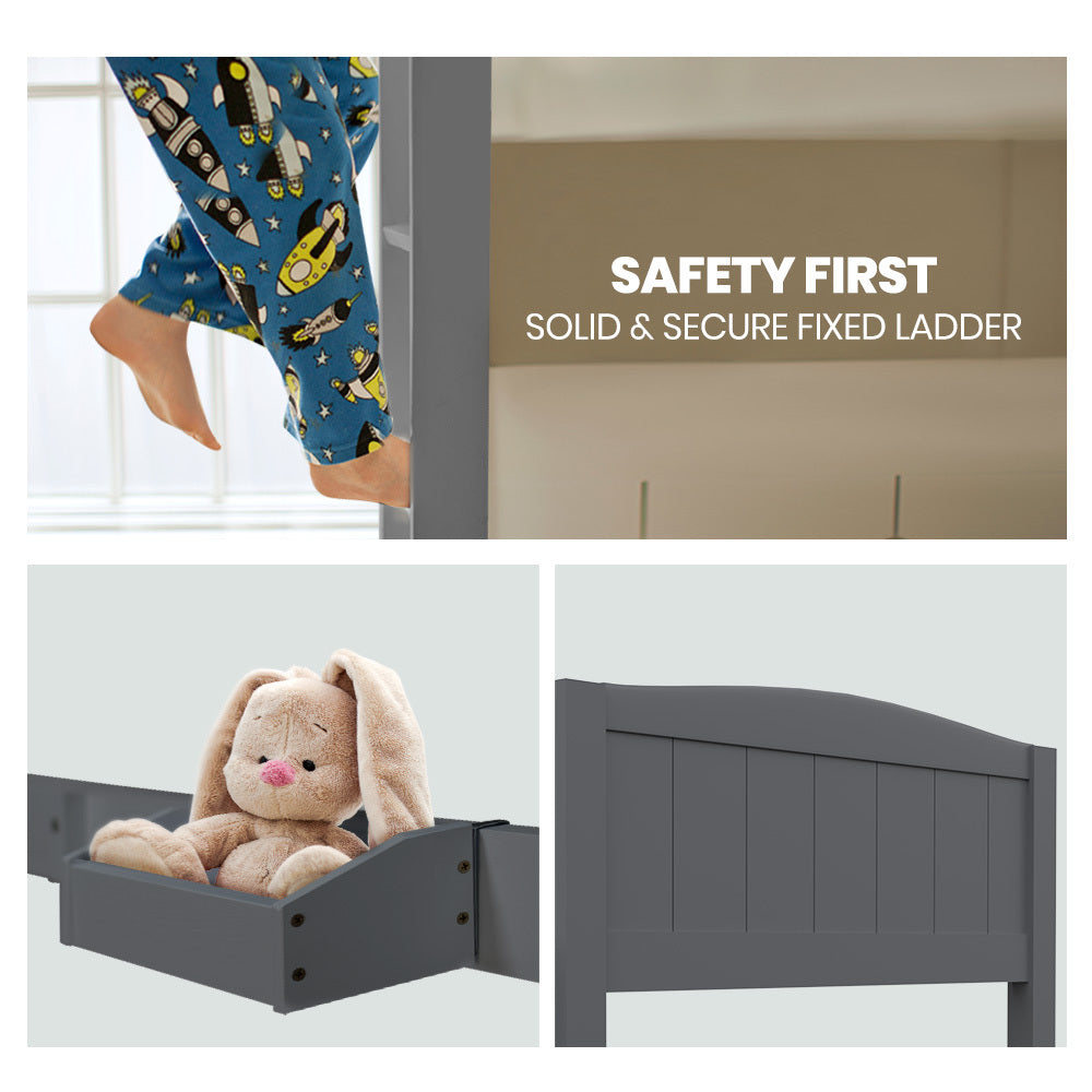 KINGSTON SLUMBER Single Bunk Bed Frame, Solid Pine 2-in-1 Modular Design Convert to 2 Single Beds, Grey - TRENDZ