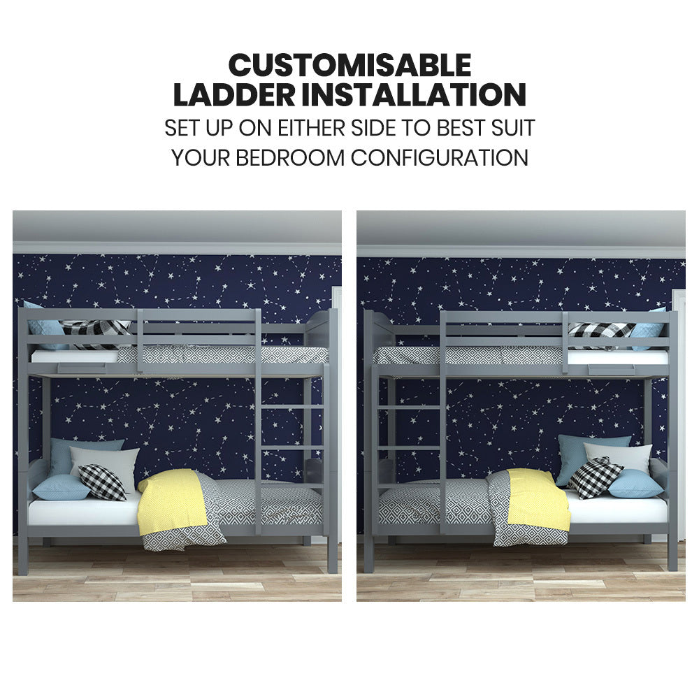 KINGSTON SLUMBER Single Bunk Bed Frame, Solid Pine 2-in-1 Modular Design Convert to 2 Single Beds, Grey - TRENDZ