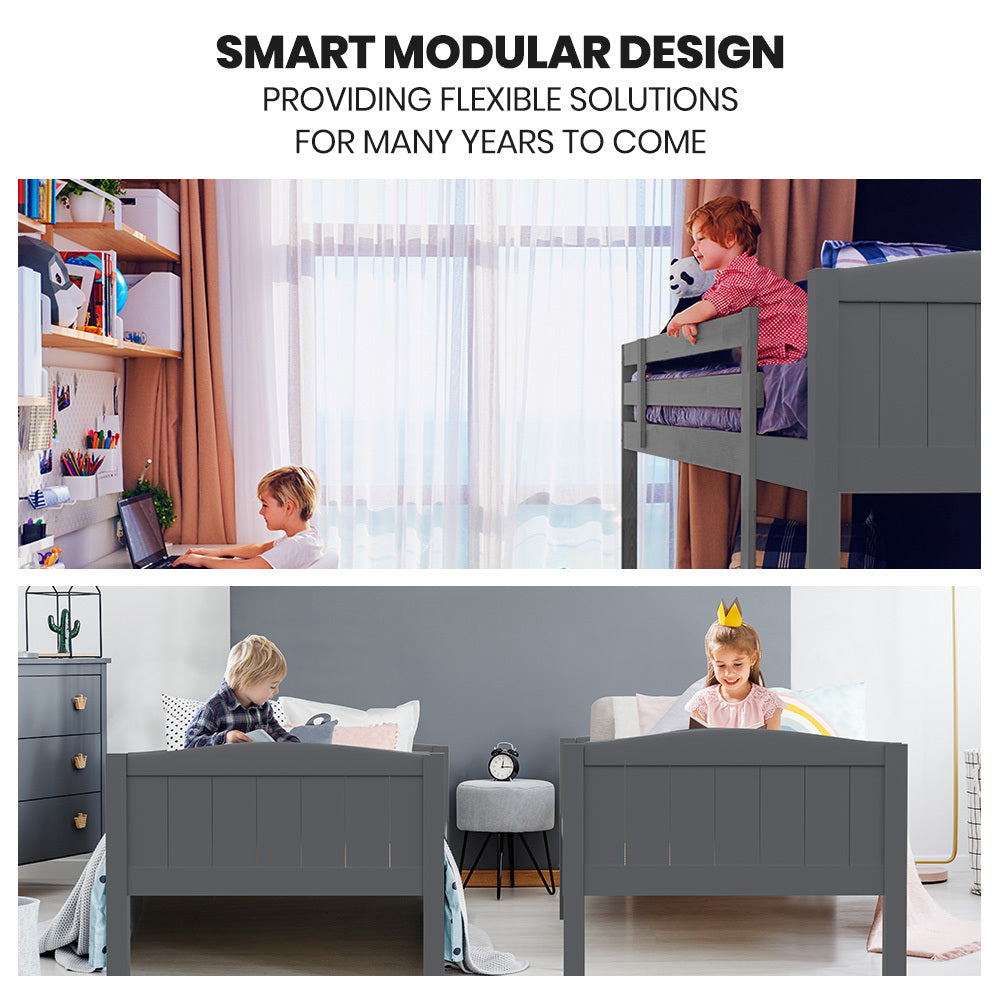 KINGSTON SLUMBER Single Bunk Bed Frame, Solid Pine 2-in-1 Modular Design Convert to 2 Single Beds, Grey - TRENDZ