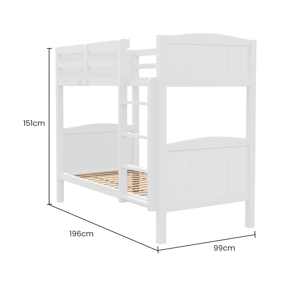 Kingston Slumber Single Bunk Bed Frame Solid Pine Wood Timber, Modular Design, White - TRENDZ