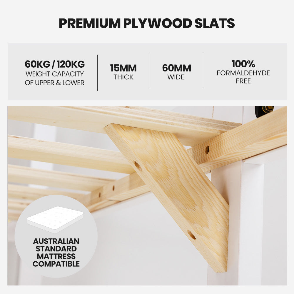 Kingston Slumber Single Bunk Bed Frame Solid Pine Wood Timber, Modular Design, White - TRENDZ