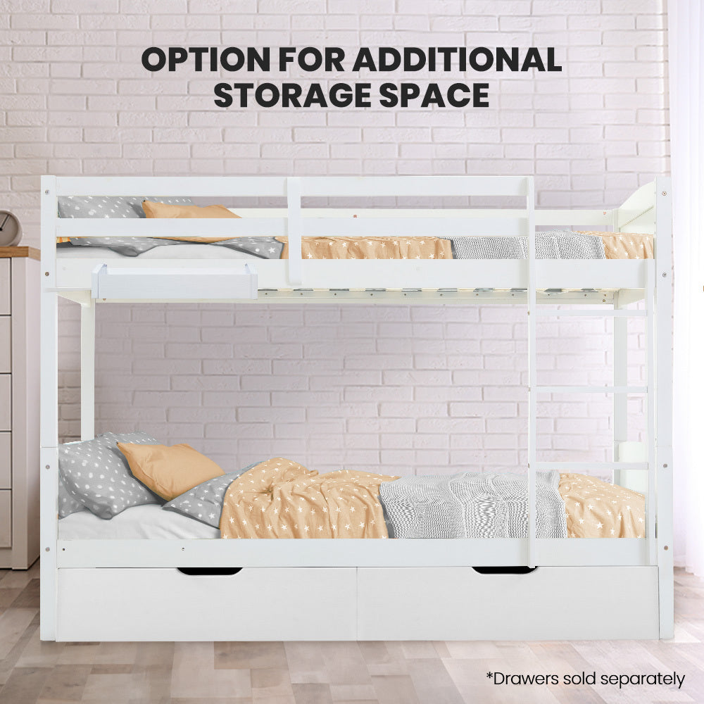 Kingston Slumber Single Bunk Bed Frame Solid Pine Wood Timber, Modular Design, White - TRENDZ