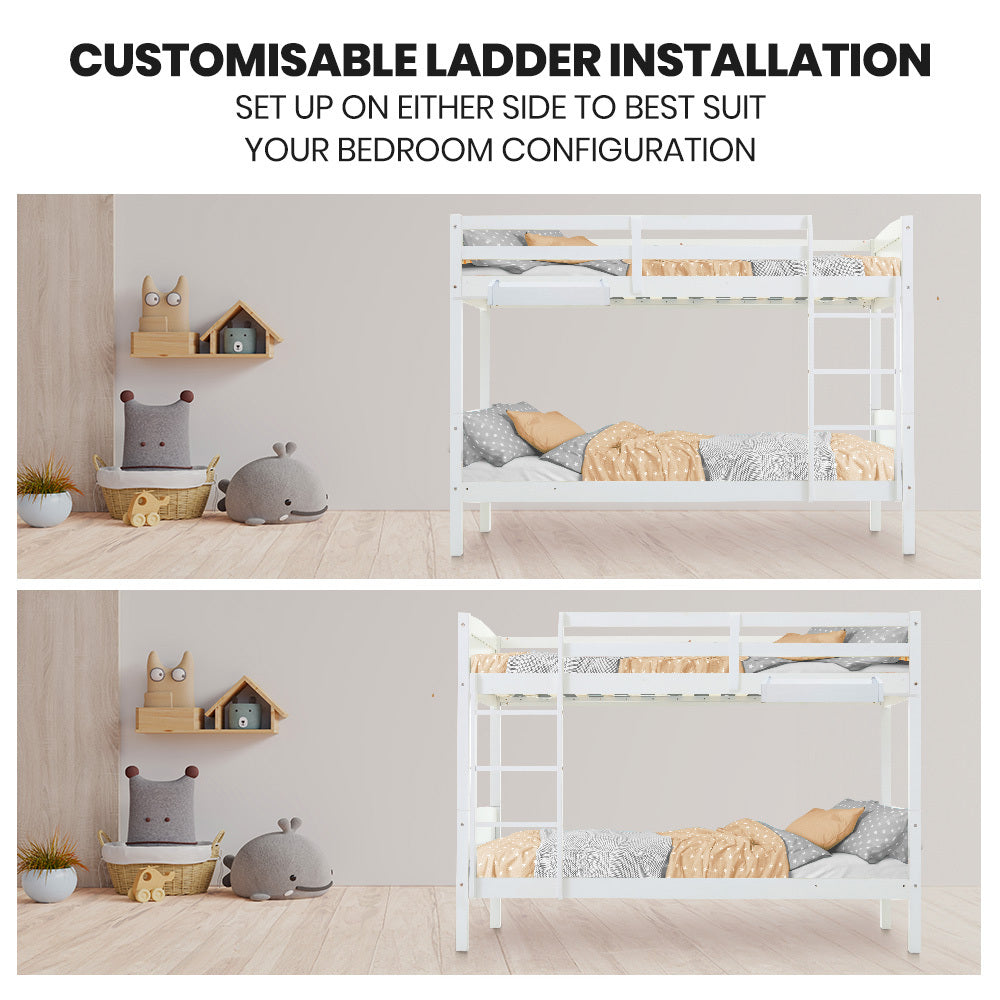 Kingston Slumber Single Bunk Bed Frame Solid Pine Wood Timber, Modular Design, White - TRENDZ