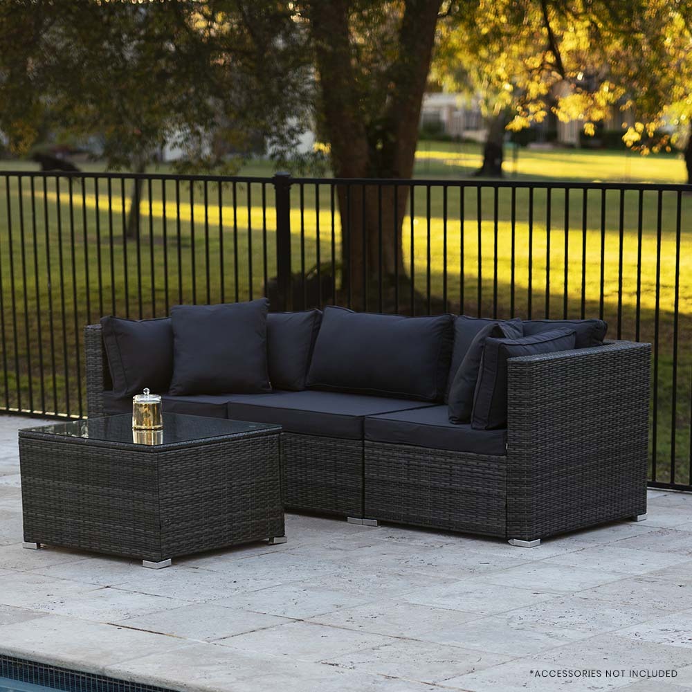 LONDON RATTAN 4 Piece 3 Seater Modular Outdoor Lounge Setting incl. Coffee Table, Grey - TRENDZ