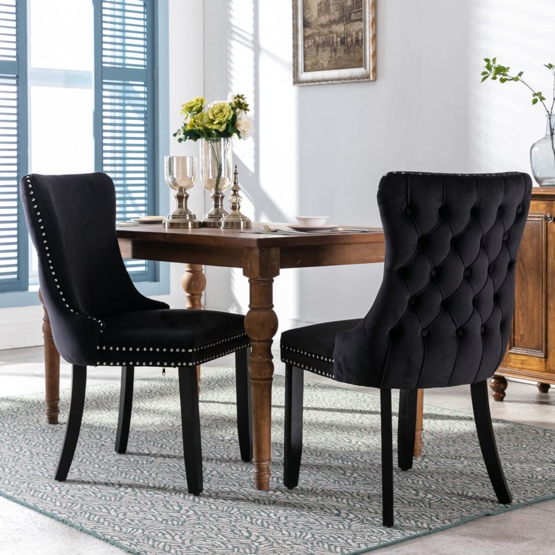 2x Velvet Upholstered Dining Chairs Tufted Wingback Side Chair with Studs Trim Solid Wood Legs for Kitchen - TRENDZ