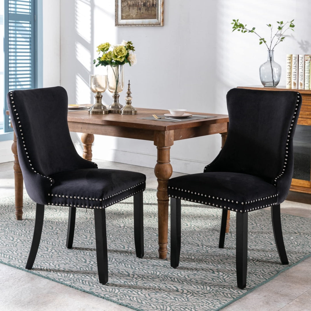 2x Velvet Upholstered Dining Chairs Tufted Wingback Side Chair with Studs Trim Solid Wood Legs for Kitchen - TRENDZ