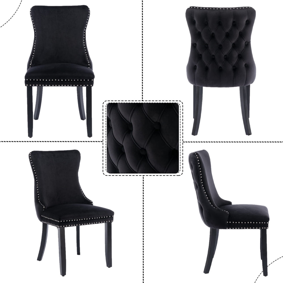 2x Velvet Upholstered Dining Chairs Tufted Wingback Side Chair with Studs Trim Solid Wood Legs for Kitchen - TRENDZ