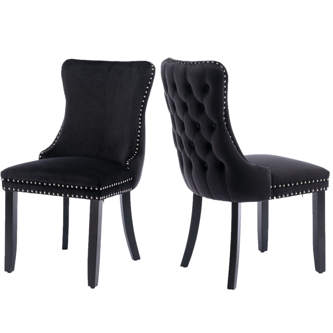 2x Velvet Upholstered Dining Chairs Tufted Wingback Side Chair with Studs Trim Solid Wood Legs for Kitchen - TRENDZ