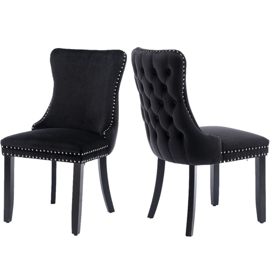 2x Velvet Upholstered Dining Chairs Tufted Wingback Side Chair with Studs Trim Solid Wood Legs for Kitchen - TRENDZ
