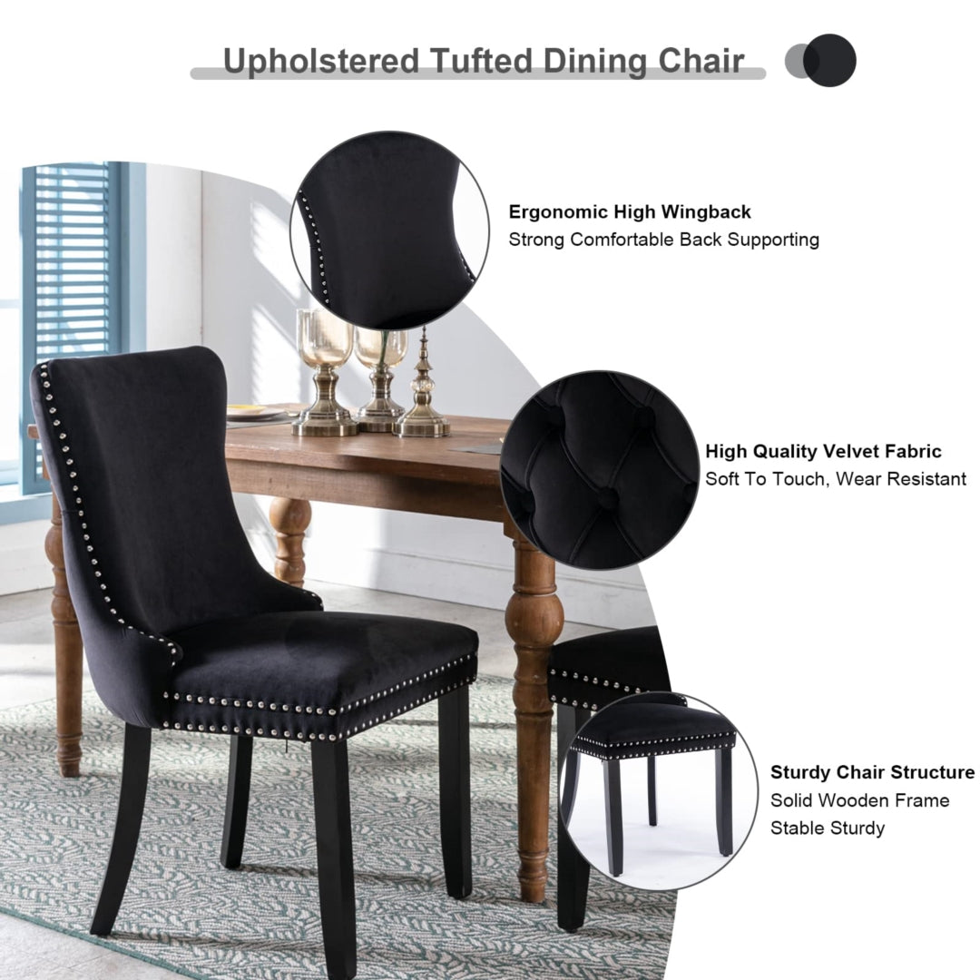 2x Velvet Upholstered Dining Chairs Tufted Wingback Side Chair with Studs Trim Solid Wood Legs for Kitchen - TRENDZ