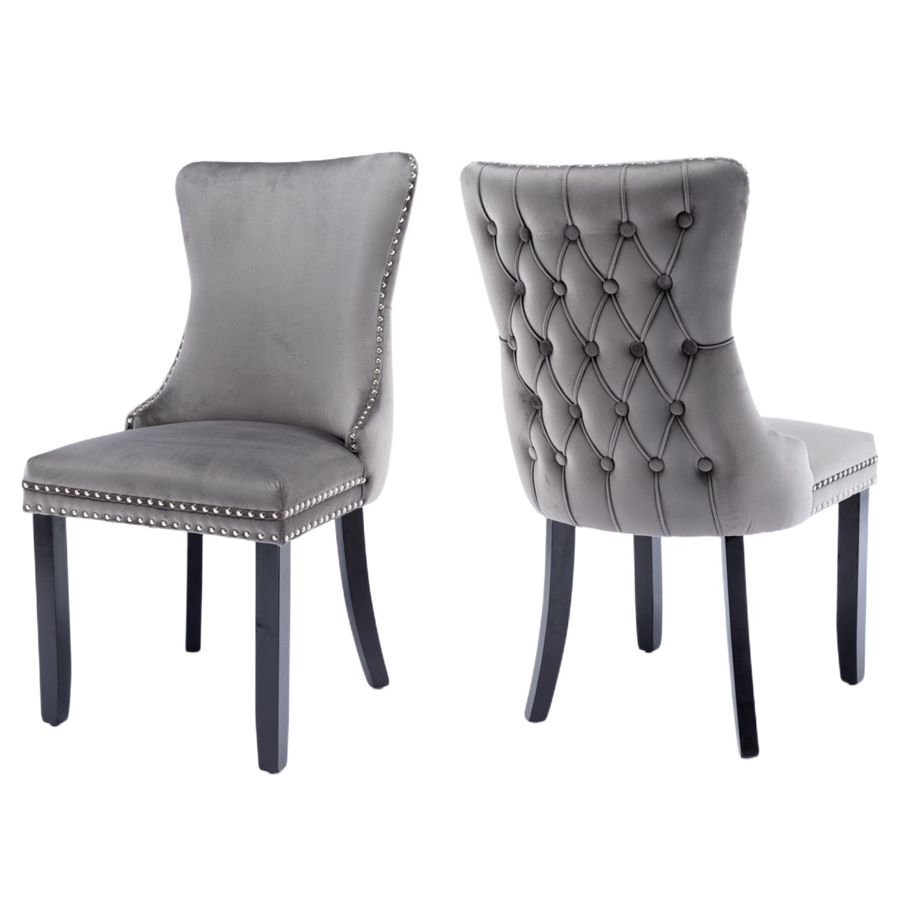 2x Velvet Upholstered Dining Chairs Tufted Wingback Side Chair with Studs Trim Solid Wood Legs for Kitchen - TRENDZ