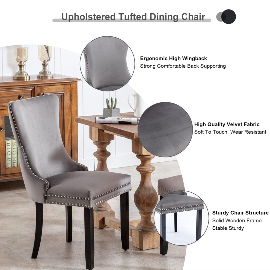 2x Velvet Upholstered Dining Chairs Tufted Wingback Side Chair with Studs Trim Solid Wood Legs for Kitchen - TRENDZ