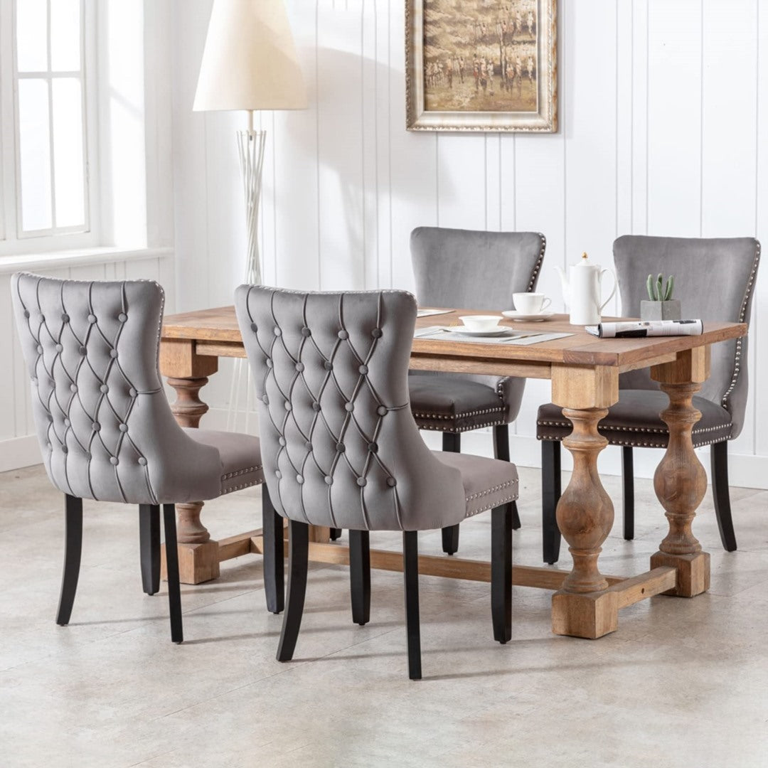 2x Velvet Upholstered Dining Chairs Tufted Wingback Side Chair with Studs Trim Solid Wood Legs for Kitchen - TRENDZ
