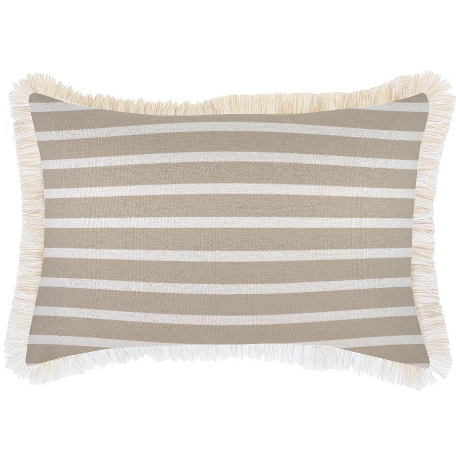 Cushion Cover-Coastal Fringe Natural-Hampton Stripe Beige-35cm x 50cm - TRENDZ