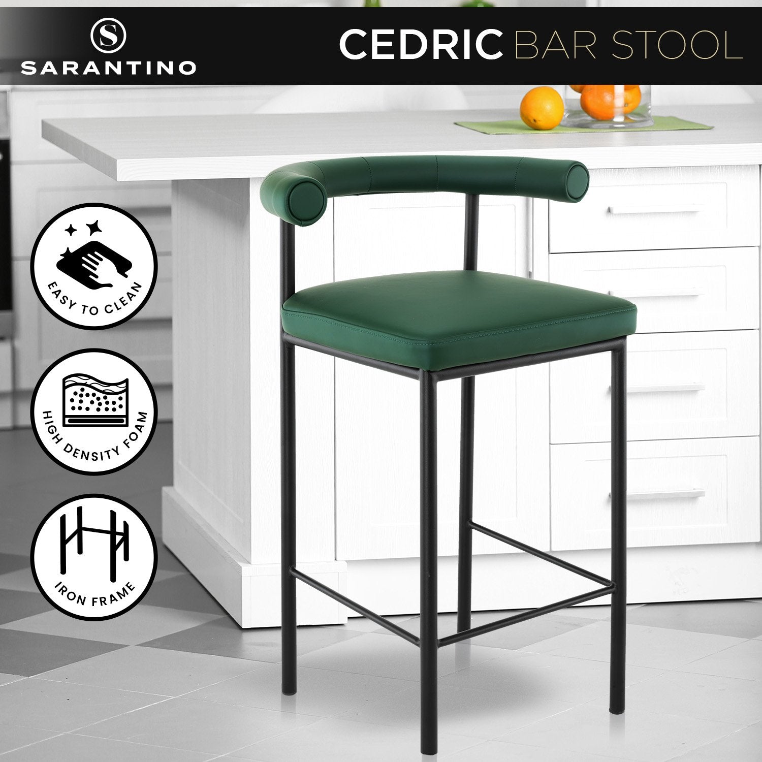 Sarantino Cedric Bar Stool W/ High-density Foam Upholstered In Pu Leather Sturdy Iron Frame Green - TRENDZ