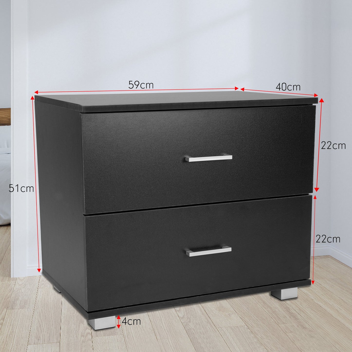 Sarantino Bedside Table Cabinet Storage Chest 2 Drawers Lamp Side Nightstand - Black - TRENDZ