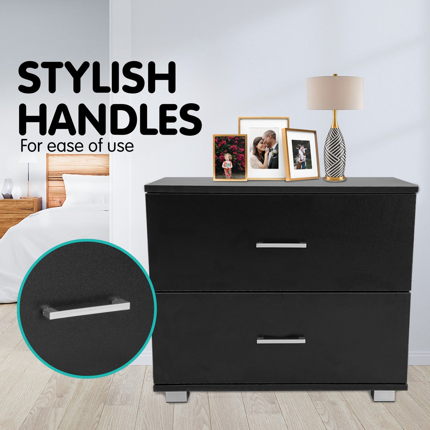 Sarantino Bedside Table Cabinet Storage Chest 2 Drawers Lamp Side Nightstand - Black - TRENDZ