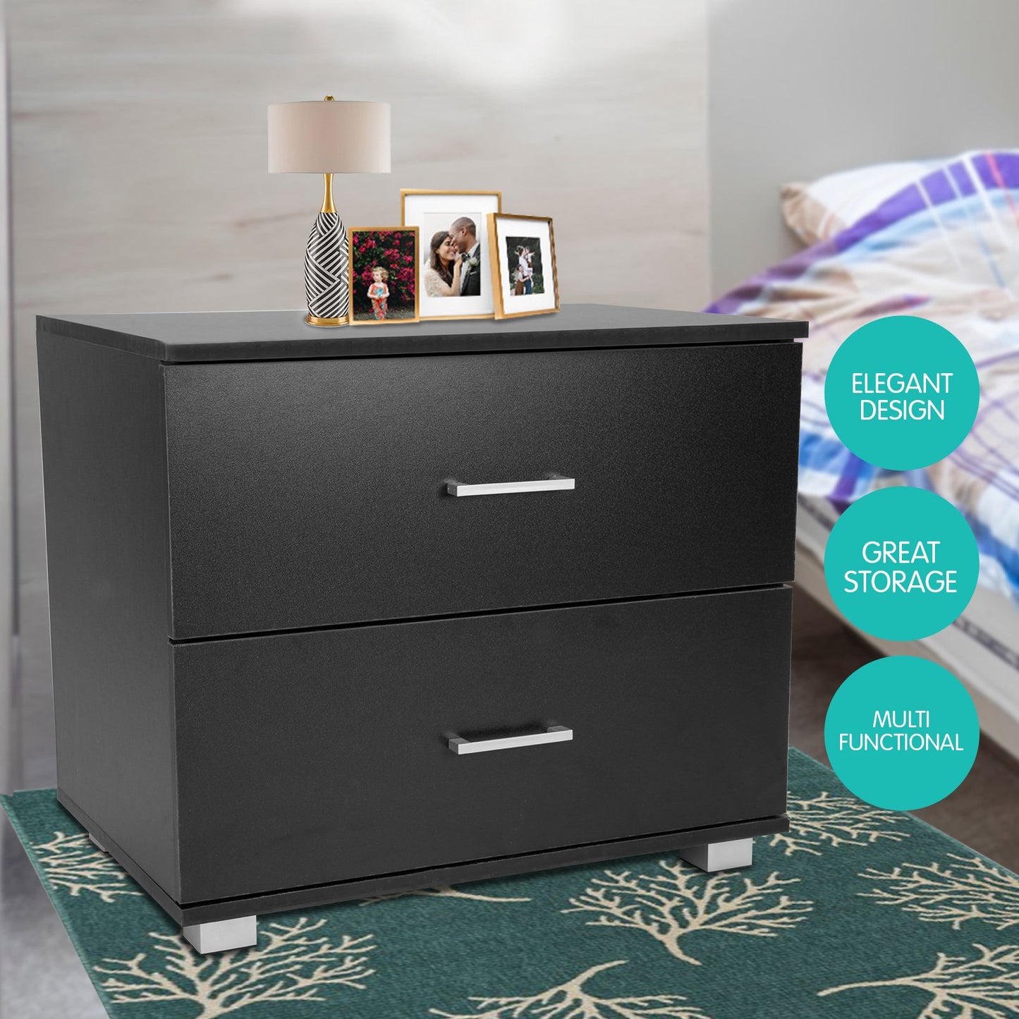 Sarantino Bedside Table Cabinet Storage Chest 2 Drawers Lamp Side Nightstand - Black - TRENDZ