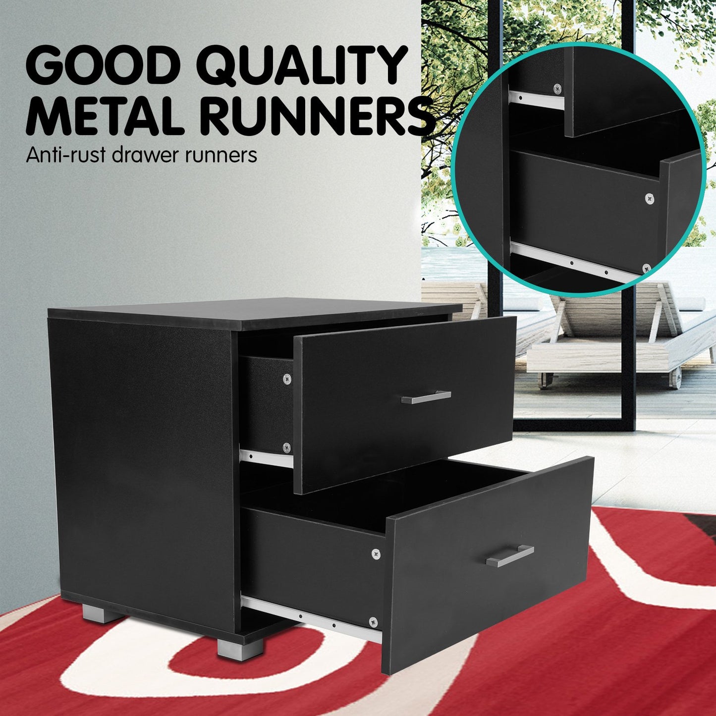 Sarantino Bedside Table Cabinet Storage Chest 2 Drawers Lamp Side Nightstand - Black - TRENDZ