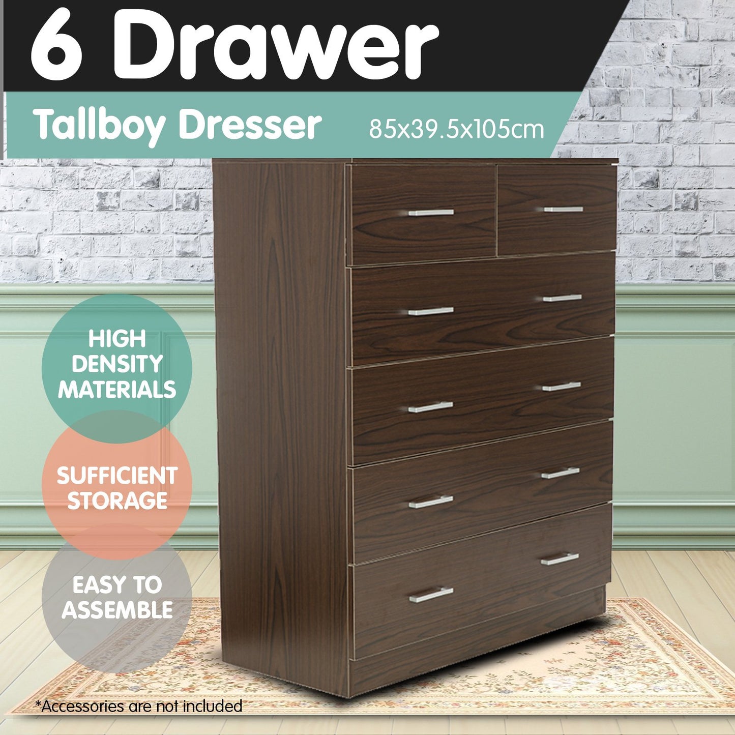 Sarantino Tallboy Dresser 6 Chest Of Drawers Cabinet Storage 85 x 39.5 x 105 in Brown - TRENDZ