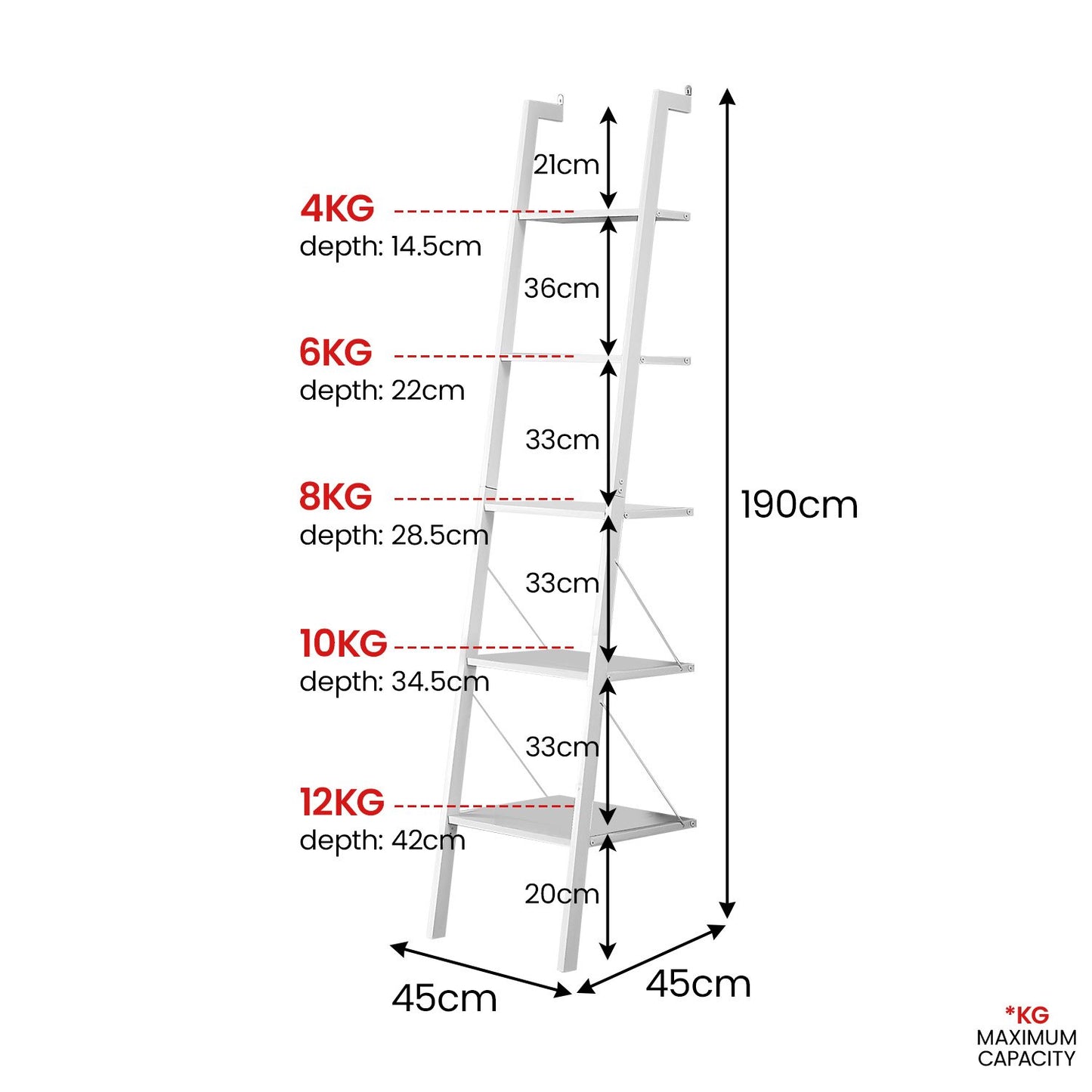 Sarantino Amelia 5-Tier Ladder Shelf in White - TRENDZ
