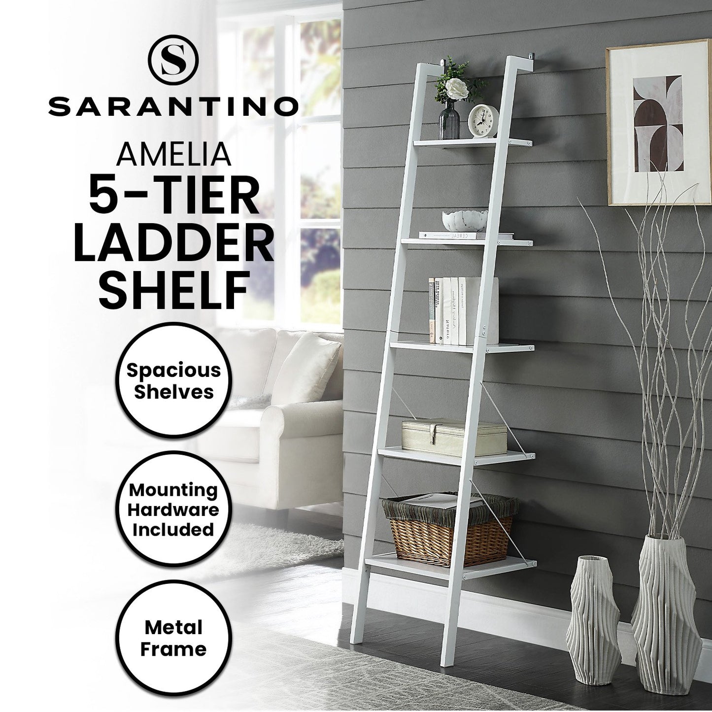 Sarantino Amelia 5-Tier Ladder Shelf in White - TRENDZ