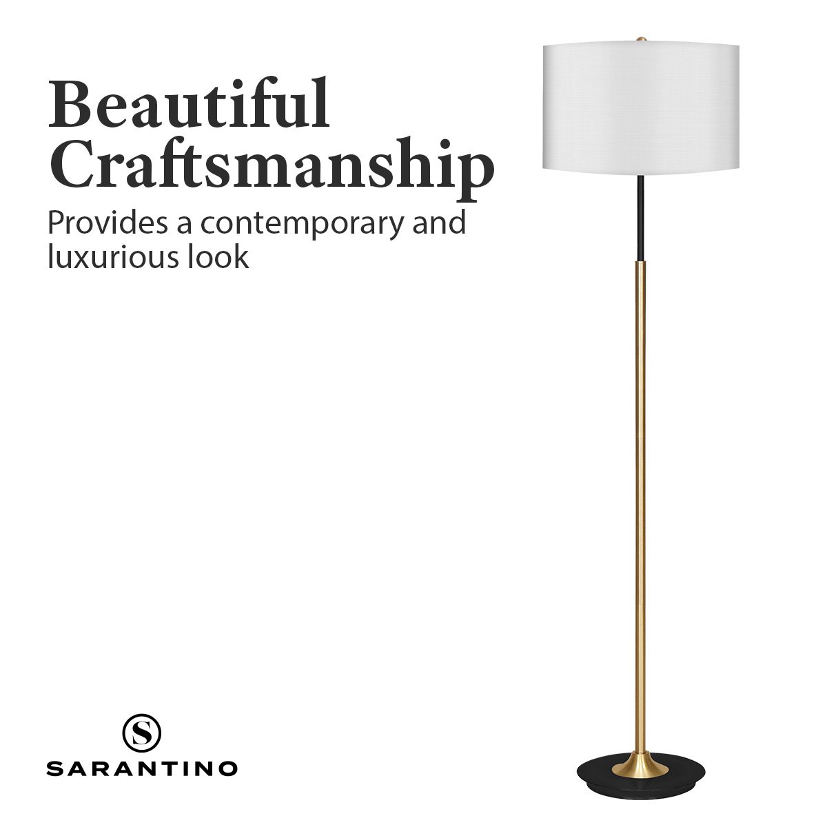 Sarantino Metal Floor Lamp – Brushed Brass Finish with White Shade
