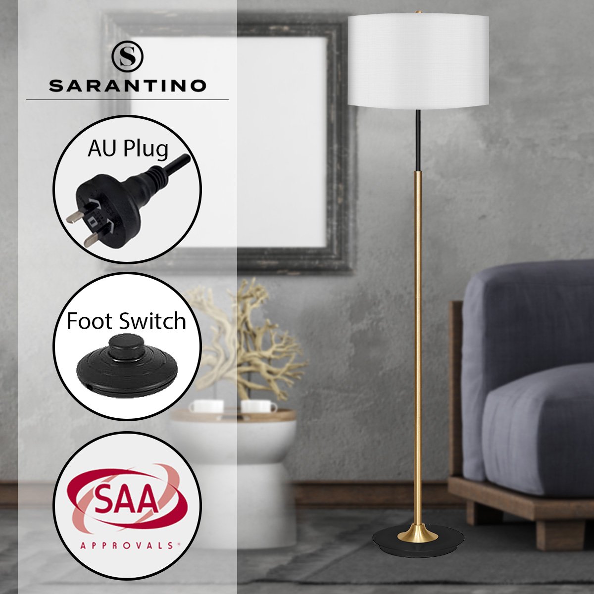 Sarantino Metal Floor Lamp – Brushed Brass Finish with White Shade