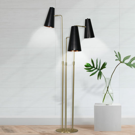 Sarantino Trio Floor Lamp – Brass Poles with Black Tapered Shades