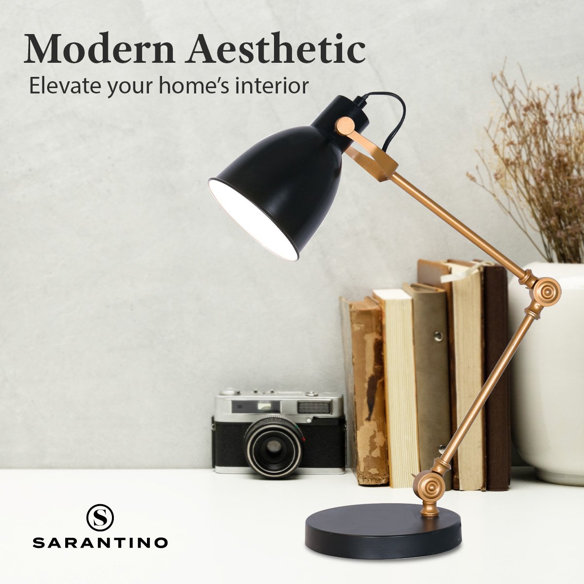 Sarantino Adjustable Metal Table Lamp In Black And Gold - TRENDZ
