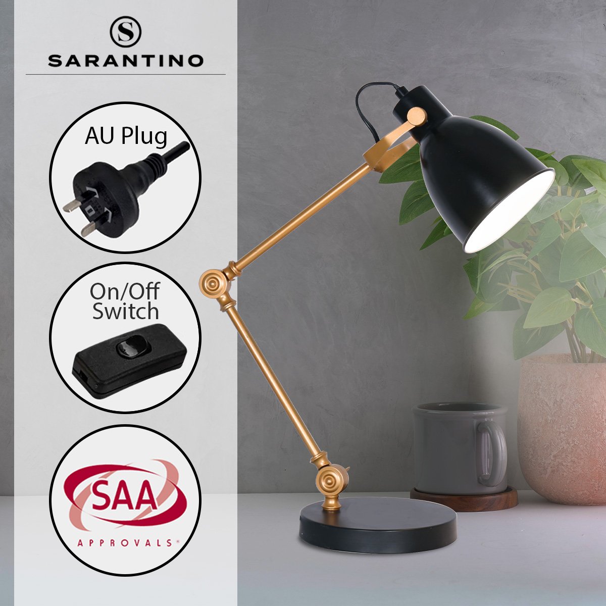 Sarantino Adjustable Metal Table Lamp In Black And Gold - TRENDZ