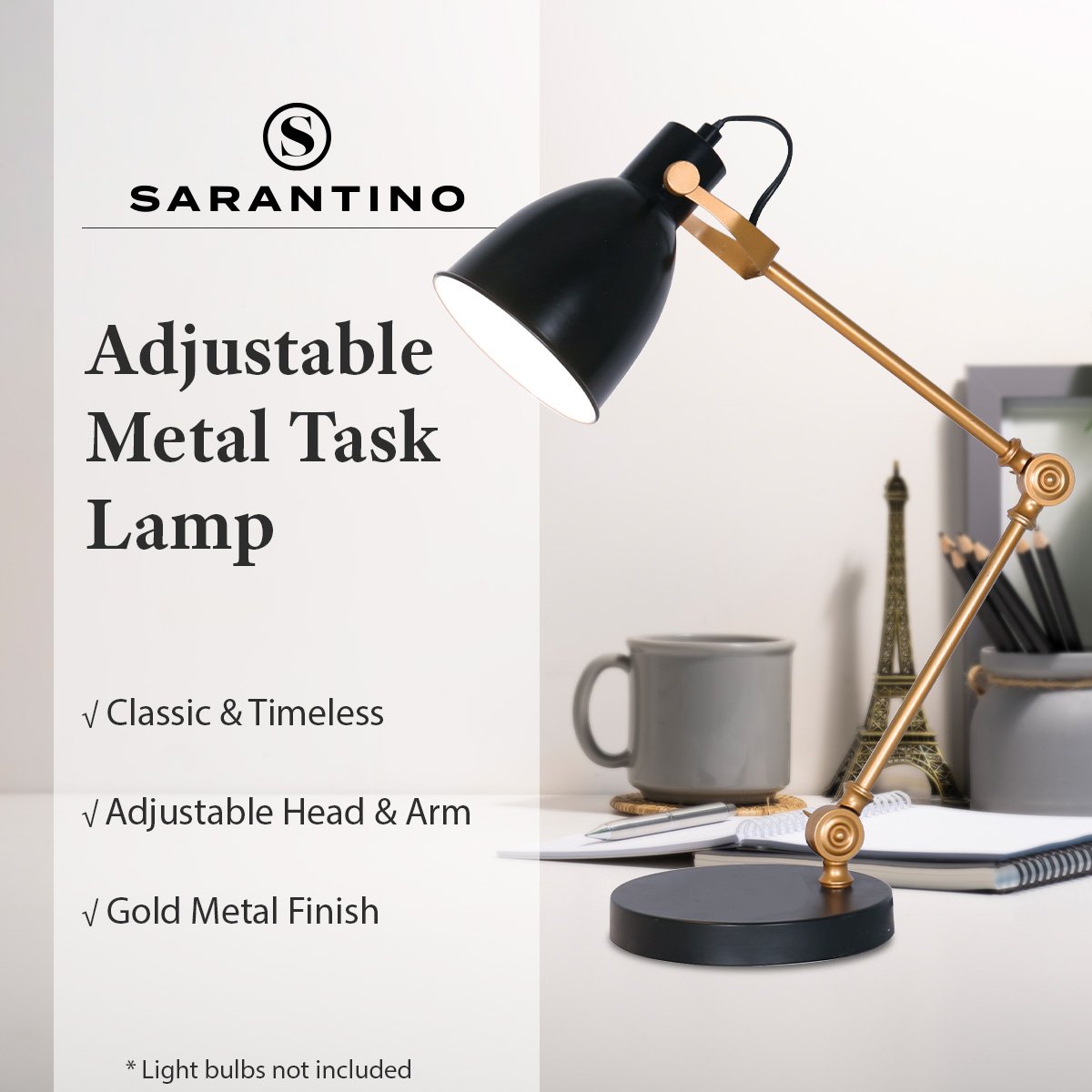 Sarantino Adjustable Metal Table Lamp In Black And Gold - TRENDZ