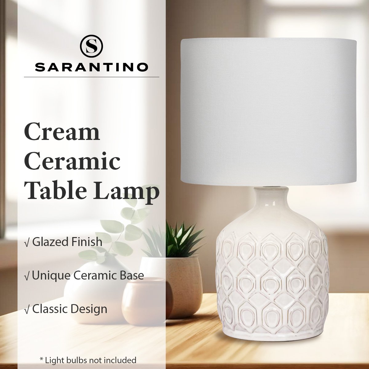Sarantino Ceramic Table Lamp In Cream - TRENDZ