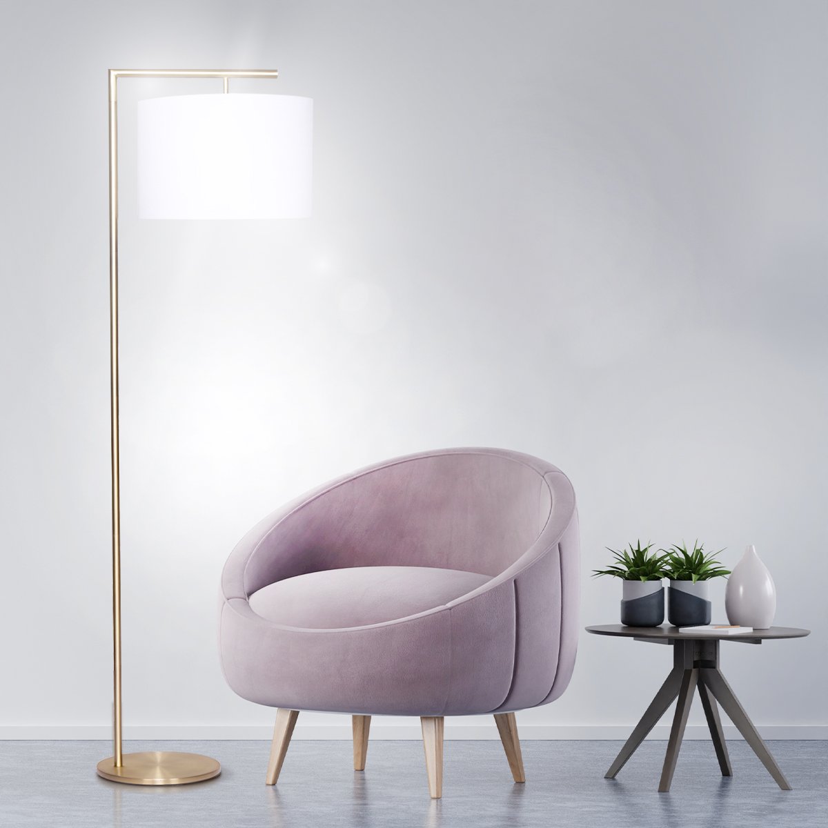 Sarantino 90-Degree Arc Floor Lamp – Brass Finish with Drum Shade