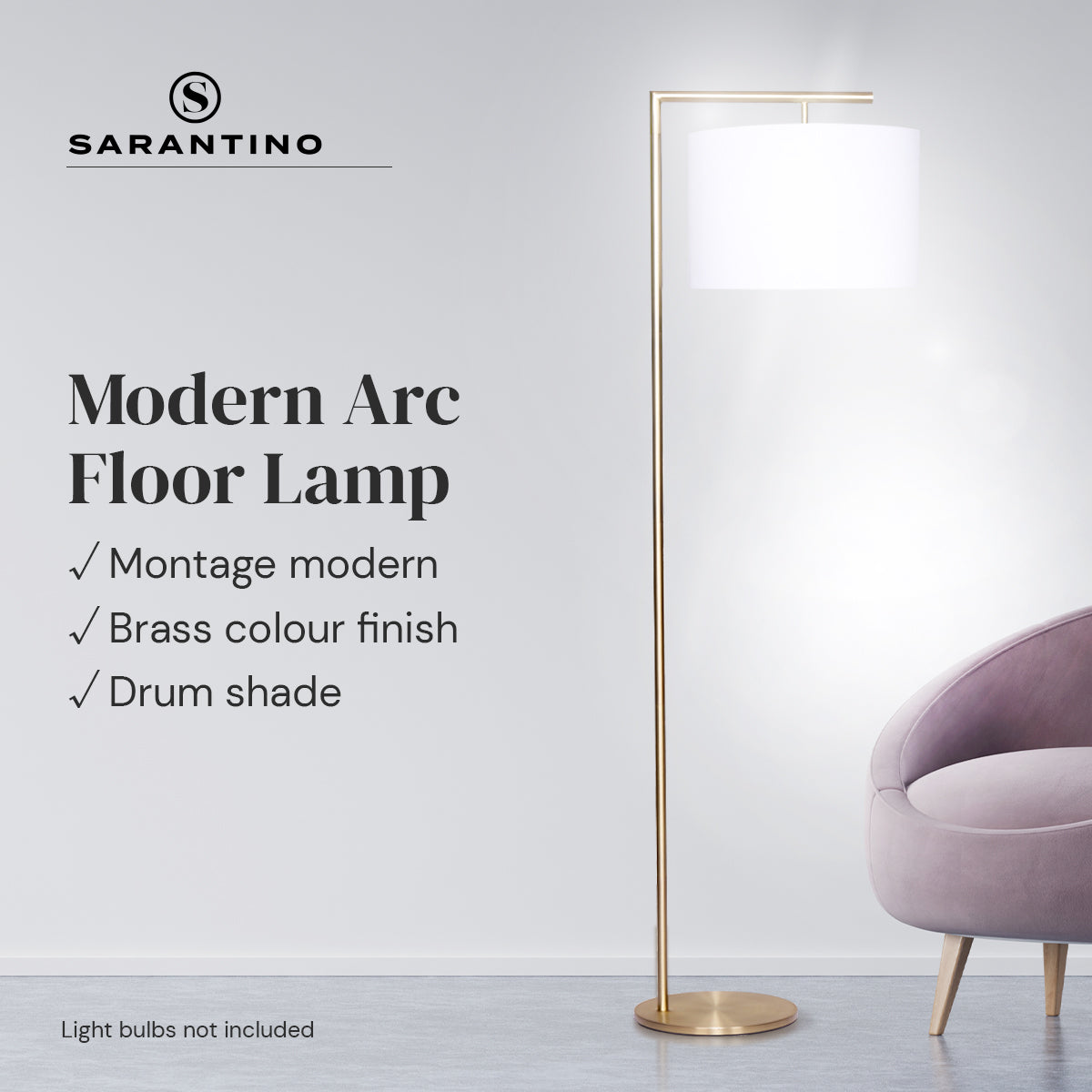 Sarantino 90-Degree Arc Floor Lamp – Brass Finish with Drum Shade