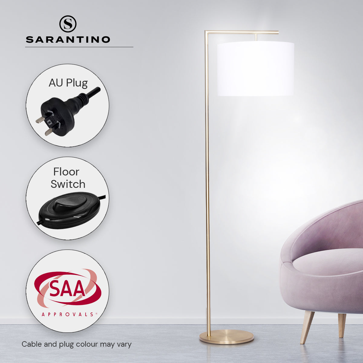 Sarantino 90-Degree Arc Floor Lamp – Brass Finish with Drum Shade